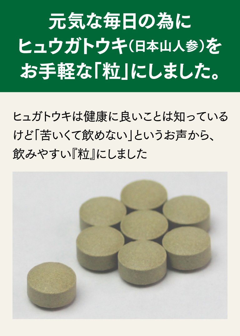 元気な毎日の為にヒュウガトウキ（日本山人参）をお手軽な「粒」にしました。