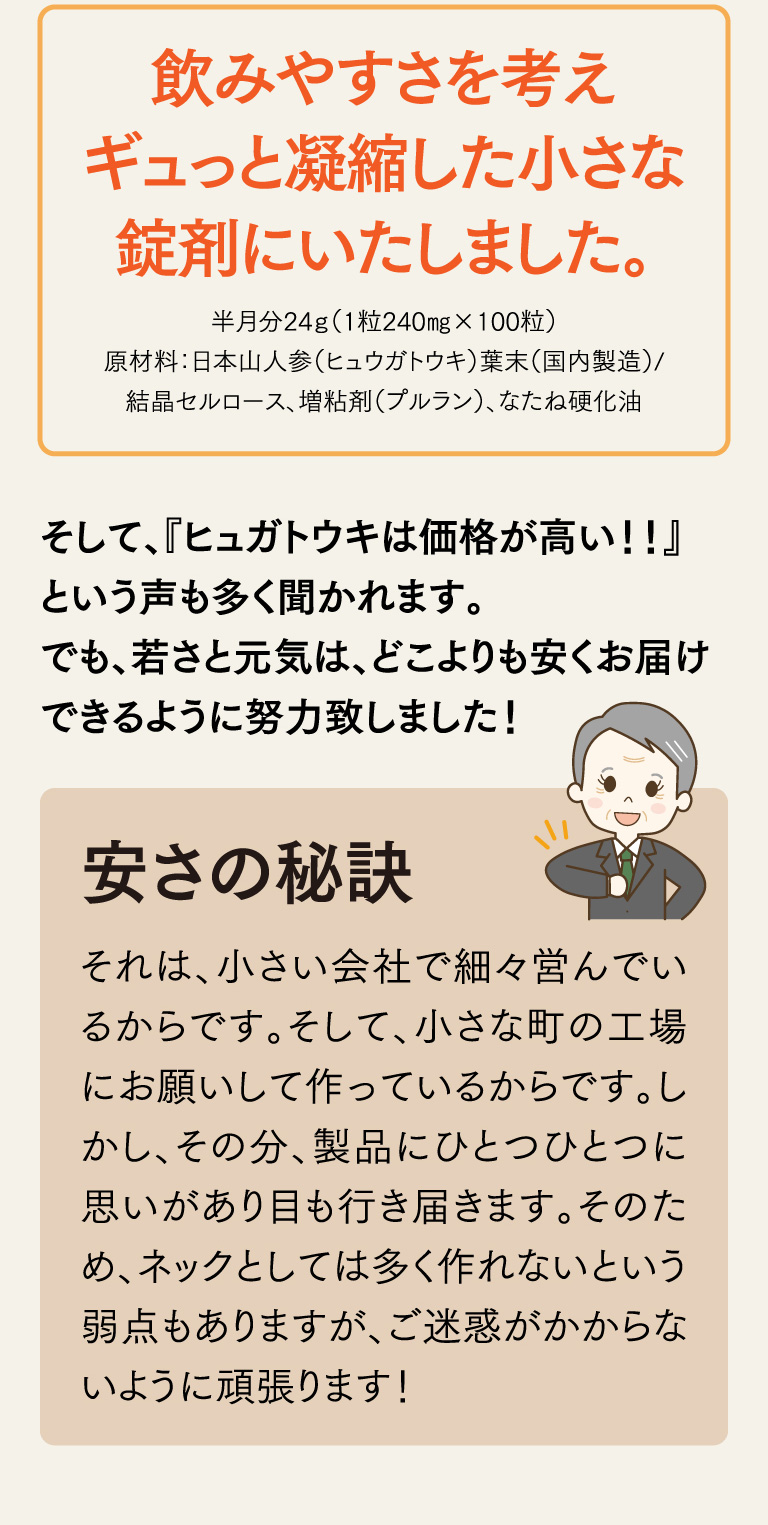 飲みやすさを考えギュっと凝縮した小さな錠剤にいたしました。